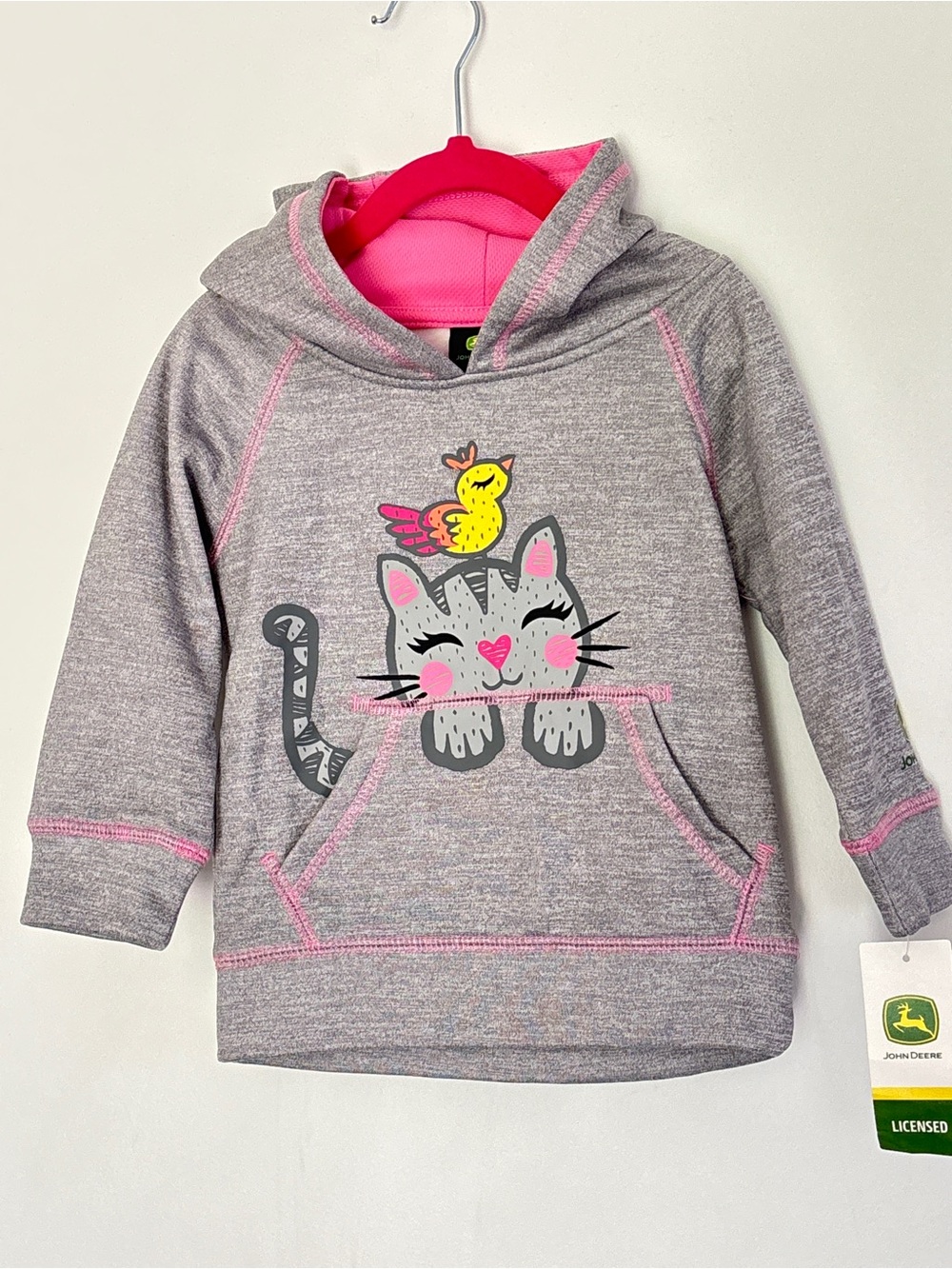 John Deere Girls' Gray & Pink Hooded Cat Graphic Pullover Sweatshirt 2T New